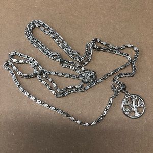 Vintage TRIFARI Long Textured Silver Tone Necklace With Monet Tree Charm